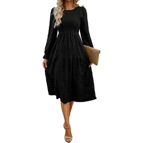 Women's Fall Long Sleeve Maxi Dresses 2024 Casual Crew Neck Empire Waist Tiered Flowy A Line Wedding Guest Dress