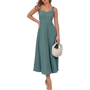 ANRABESS Women Summer Casual Midi Dress Sleeveless A Line Smocked Back Sundress 2025 Simple Vacation Dresses with Pockets