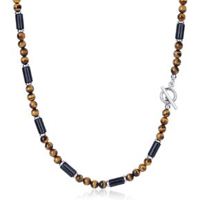 GAVU Stainless Steel OT Clasp Crystal Beaded Necklace for Men, Onyx Necklace/Tiger Eye Necklace 20"/22"/24"