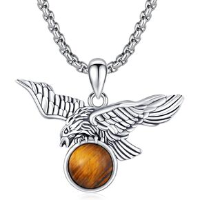 Eagle Necklace for Men 925 Sterling Silver Vintage Eagle Pendant with Tiger Eye Stone/Moonstone/Turquoise Western Viking Animal Jewelry Gift for Men and Women