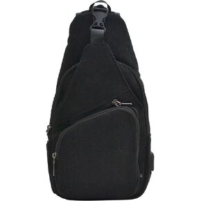 Calla Black Corduroy Anti-Theft Daypack Crossbody Sling Backpack, Vegan Leather, USB Charging Connector Port, Lightweight Day Pack for Travel, Hiking, Everyday,