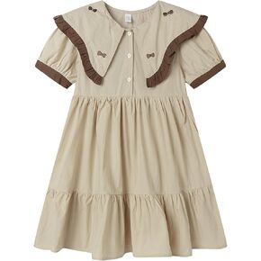 Mud Kingdom Girls Peter Pan Collar Dress Summer Ruffle Cute Embroidery Bow Preppy Dress