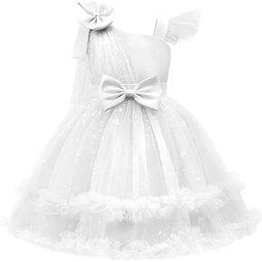 JerrisApparel Girls Ruffle Sleeves Dress Bowknot Party Dress Tulle Skirt One-Shoulder Design Pageant Gown
