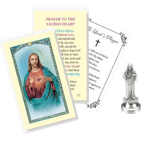 Mini Sacred Heart of Jesus Statue (2.5 in) - Jesus Sacred Heart Statue with Laminated Holy Card, The Lord's Prayer Card - Sagrado Corazon De Jesus Estatua Catholic Decor Set - 3 Items