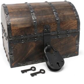 Nautical Cove Wooden Treasure Chest with Decorative Rivets and Reinforcing Iron Strips with Iron Lock and Skeleton Keys (Small 8x6x6)