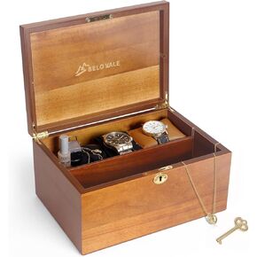 Premium Acacia Keepsake Box, Lockable Hand-Crafted Memory Box For Keepsakes with Removable Compartment,Wooden Decorative Box & Storage Box with Hinged Lid for Gift.