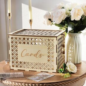 OurWarm Wooden Wedding Card Box with Slot, Hollow Rattan Pattern Gift Card Box for Party Reception, Envelope Money Card Box for Wedding Graduation Party Birthday Baby Shower Decorations