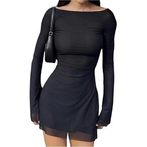 OYOANGLE Women's Backless Boat Neck Long Sleeve Short Dress Elegant Slim Fitted Mesh Bodycon Mini Dresses