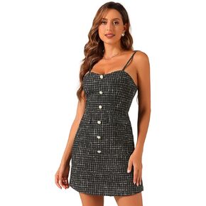 Allegra K Plaid Dress for Women's Button Decor Spaghetti Strap Tweed Dresses