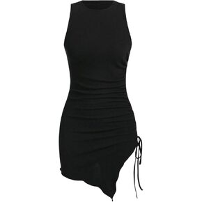 Verdusa Women's Sleevelss Drawstring Side Asymmetrical Hem Short Bodycon Tank Dress