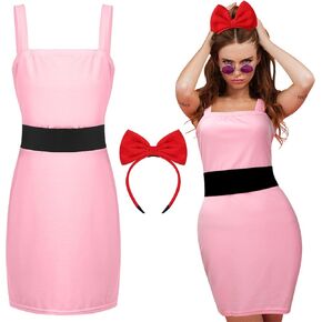 Women's Power Animated Costume Set Vest Dress Wide Cinch Black Belt Tank Dress for Halloween Party Character Cosplay (Pink)