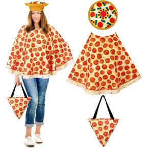Eurzom 3 Pcs Women's Halloween Pizza Costume Set Include Pepperoni Funny Food Cape Poncho Pizza Silly Hat Pizza Bag Pepperoni Pizza Unisex Outfit for Party Costume Accessories