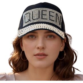 Popfizzy Bling Queen Hat for Women and Girls, Adult Bedazzled Rhinestone Queen Ballcap, Sparkly Queen Gifts, Adjustable