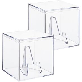 CREATCABIN 2pcs Clear Plastic Cube Mini Storage Box Small Jewelry Display Box Square Containers Display Stand with Triangle Acrylic Coin Display Easel Holder for Watches Crystal 3.3x3.3x3.2 Inch