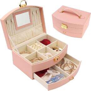 uxcell 2 Layer Jewelry Box for Girls, PU Leather Jewelry Organizer Case Storage Display Holder with Drawer, Removable Jewelry Tray 20x15x10cm Pink
