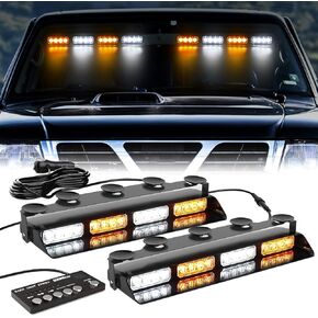 Green White Emergency Strobe Dash Police Lights Safety Flashing Warning Hazard Interior Front/Rear Windshield Deck Split Cop Light Bar w/Suction Cups for Vehicles Trucks 2x14 inch