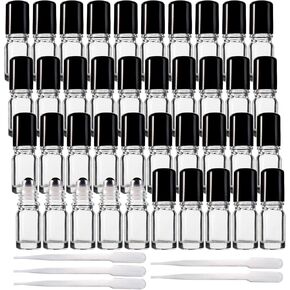 Jucoan 40 Pack 5ml Glass Essential Oil Roller Bottles with Stainless Steel Roller Ball, Leakproof Refillable Glass Roll-on Bottles for Travel Perfume Sample, 5 Droppers
