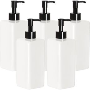 Youngever 5 Pack 16 Ounce Plastic Pump Bottles, Refillable Square Plastic Pump Bottles for Dispensing Lotions, Shampoos and More (White Bottle with Black Pump)