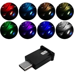 2 PCS USB Type C LED Ambient Light, 8 Color Car RGB USB LED Decoration Night Lamp, Interior Mini Adjustable Brightness Atmosphere Light, Universal Vehicle Interior Accessories