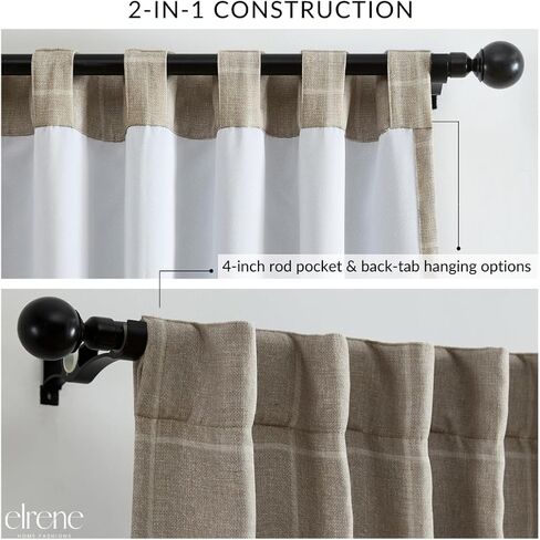 لوحة ستارة نافذة معتمة منقوشة من Elrene Home Fashions Sawyer Windowpane مع جيب قضيب/عروات خلفية لغرفة المعيشة/غرفة النوم/المكتب، 52 بوصة × 95 بوصة، رمادي داكن in Kuwait