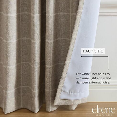 لوحة ستارة نافذة معتمة منقوشة من Elrene Home Fashions Sawyer Windowpane مع جيب قضيب/عروات خلفية لغرفة المعيشة/غرفة النوم/المكتب، 52 بوصة × 95 بوصة، رمادي داكن in Kuwait