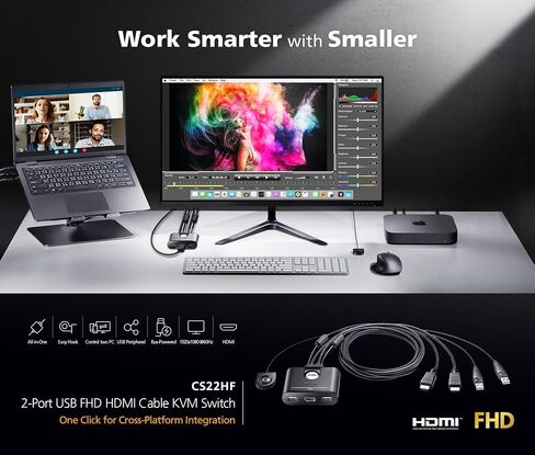 ATEN CS22H 2 Port 4K HDMI Cable KVM Switch 4K 60Hz FHD 144Hz with Remote Port Selector for Office Desktop, Graphic Design, Video Editing, Gaming for PC Laptop Windows Mac Linux in Kuwait