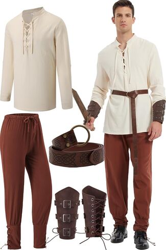 5 Pcs Halloween Men's Renaissance Costume Medieval Pirate Shirt and Pants Viking Costume Accessory Set in Saudi Arabia
