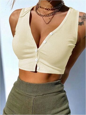 Women's Button Front Ribbed Tank Tops V Neck Sleeveless Crop Tops Slim Fit Summer Top in Saudi Arabia
