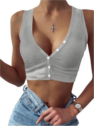 Women's Button Front Ribbed Tank Tops V Neck Sleeveless Crop Tops Slim Fit Summer Top in Saudi Arabia