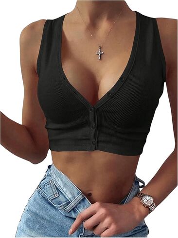Women's Button Front Ribbed Tank Tops V Neck Sleeveless Crop Tops Slim Fit Summer Top in Saudi Arabia
