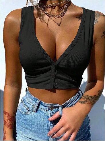 Women's Button Front Ribbed Tank Tops V Neck Sleeveless Crop Tops Slim Fit Summer Top in Saudi Arabia