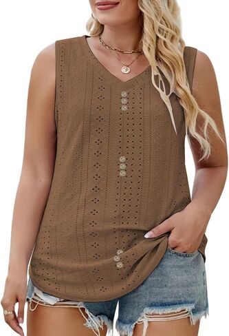 DOLNINE Womens Plus-Size Tank Tops Summer Casual Loose V-Neck Eyelet Shirts in Saudi Arabia