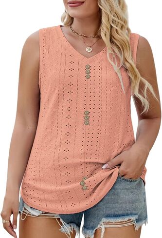 DOLNINE Womens Plus-Size Tank Tops Summer Casual Loose V-Neck Eyelet Shirts in Saudi Arabia