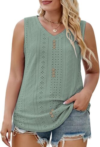 DOLNINE Womens Plus-Size Tank Tops Summer Casual Loose V-Neck Eyelet Shirts in Saudi Arabia