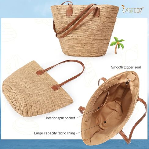 JASGOOD Straw Shoulder Bag Summer Large Beach Bag for Women Woven Straw Beach Tote Bag Travel Vacation Shopping Bag in Saudi Arabia