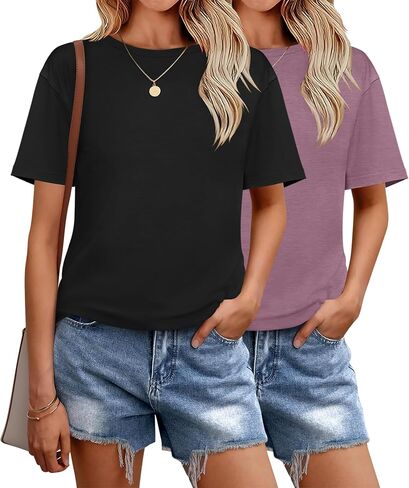 Zeagoo Women's 2 Pack T-Shirts Short Sleeve Tops Summer Casual Blouse Crew Neck Basic Shirt Loose Fit Tees in Saudi Arabia