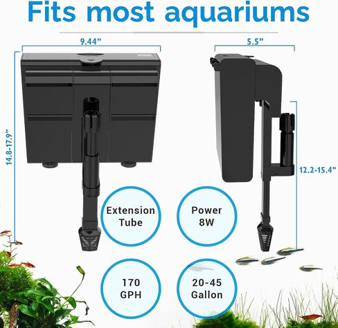 Aquarium Filter for 20-45 Gallon Tank,Hang On Back Aquarium Filter Quiet Powerful Pump 170GPH for Aquarium Turtle Tank Surface Skimmer Equipment in Saudi Arabia