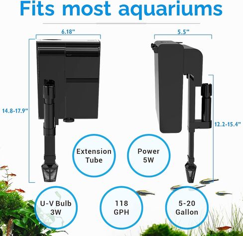 فلتر حوض السمك لخزان سعة 20-45 جالون، مرشح لحوض السمك معلق على الظهر، مضخة قوية هادئة 170 جيجا في الساعة لمعدات مقشدة سطح خزان السلاحف in Kuwait