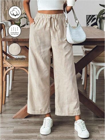 GORGLITTER Women's Striped Pants Drawstring Waist Palazzo Pants with Pockets in Saudi Arabia