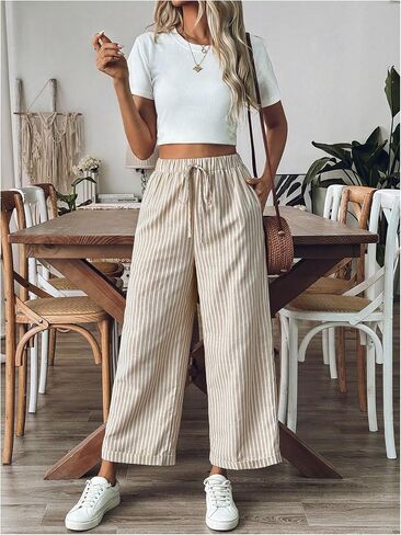 GORGLITTER Women's Striped Pants Drawstring Waist Palazzo Pants with Pockets in Saudi Arabia
