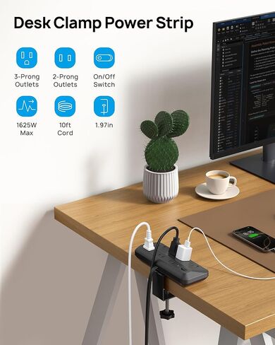 TROND Desk Clamp Power Strip - 1700J Surge Protector with 7 Outlets, Desktop Edge Mount Power Strip, Fit 1.97" Tabletop, 6FT Flat Plug Extension Cord for Teacher Must Haves, Office, ETL List, Black in Kuwait