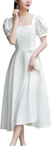 Women's Vintage Tea Length Dress Plain Puff Sleeve Square Neck High Waist Long Dress Wedding Ball Gown in Saudi Arabia