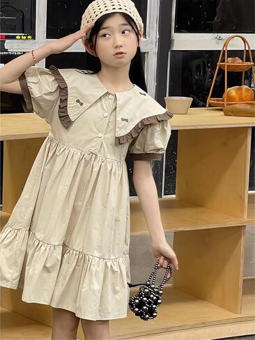 Mud Kingdom Girls Peter Pan Collar Dress Summer Ruffle Cute Embroidery Bow Preppy Dress in Saudi Arabia