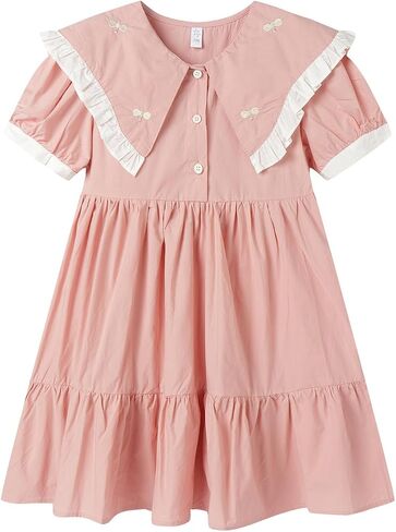 Mud Kingdom Girls Peter Pan Collar Dress Summer Ruffle Cute Embroidery Bow Preppy Dress in Saudi Arabia