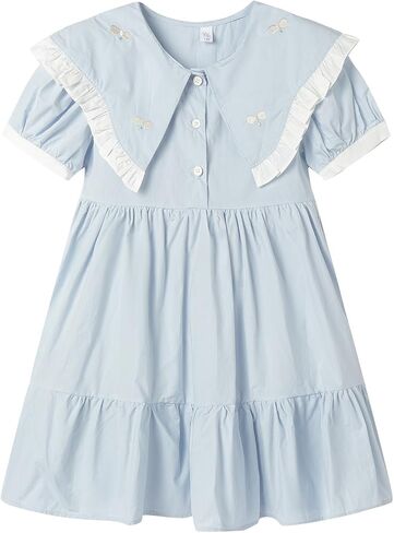Mud Kingdom Girls Peter Pan Collar Dress Summer Ruffle Cute Embroidery Bow Preppy Dress in Saudi Arabia