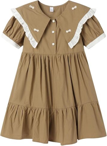 Mud Kingdom Girls Peter Pan Collar Dress Summer Ruffle Cute Embroidery Bow Preppy Dress in Saudi Arabia