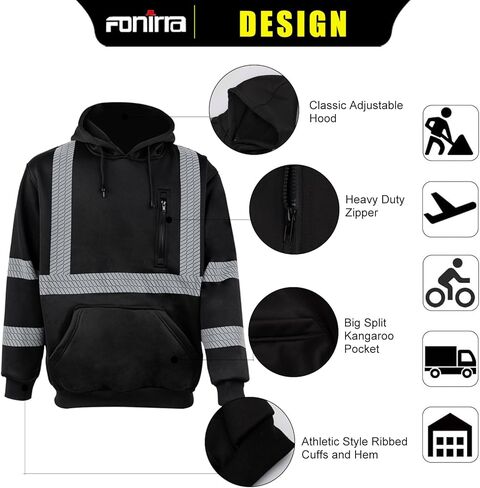 FONIRRA سترة صوفية عالية الوضوح للرجال سترة عاكسة للضوء ANSI Class 3 مع جزء سفلي أسود (أسود، 5XL) in Kuwait