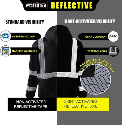 FONIRRA سترة صوفية عالية الوضوح للرجال سترة عاكسة للضوء ANSI Class 3 مع جزء سفلي أسود (أسود، 5XL) in Kuwait