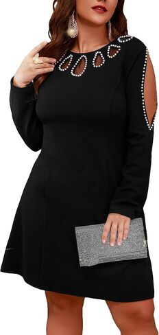 WDIRARA Women's Plus Size Cut Out A line Dress Elegant Pearl Mini Dress Long Sleeve Crew Neck High Waist Short Dress in Saudi Arabia