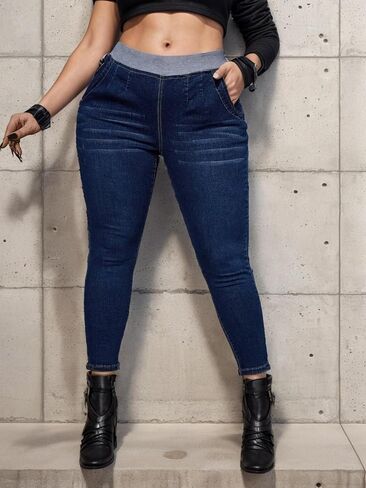 Women's High-Waisted Skinny Jeans, Dark Blue Wash, Size Medium in Saudi Arabia